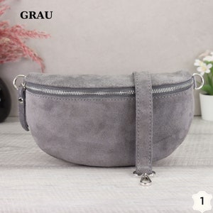 Suede Bag Grey with Patterned Straps, Suede Leather Fanny Pack for Women, Crossbody Bag Suede, Leather Shoulder Bag Kein Zweiter Gurt-1