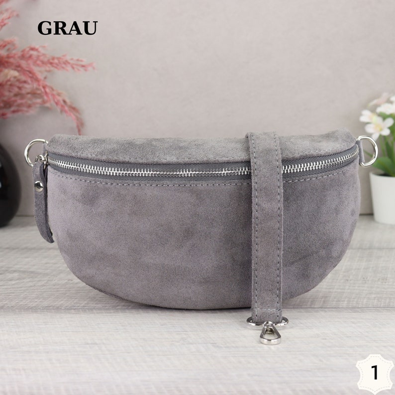 Suede Bag Grey with Patterned Straps, Suede Leather Fanny Pack for Women, Crossbody Bag Suede, Leather Shoulder Bag Kein Zweiter Gurt-1