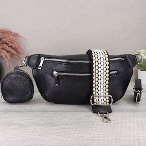 Black Leather Bum Bag for Women with Extra Wallet, Crossbody Bag with Strap, Leather Shoulder Bag, Christmas Gift for Ladies