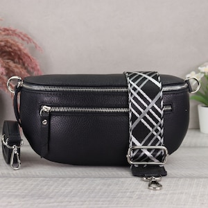 Schwarz Leder Bauchtasche Damen Stylisch mit Gemusterte Riemen, Crossbody Tasche Leder mit extra Reißverschlusstaschen, Umhängetasche Damen