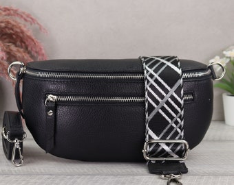 Black leather bum bag women's stylish with patterned straps, crossbody bag leather with extra zipper pockets, shoulder bag women