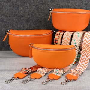 Hüfttasche Damen Leder Orange mit Breiter Gurt, Bauchtasche Leder für Frauen, Stylisch Umhängetasche aus Leder Damen, Geschenk für Sie
