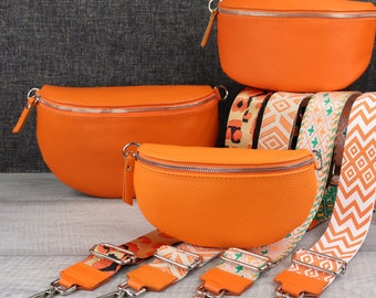Hüfttasche Damen Leder Orange mit Breiter Gurt, Bauchtasche Leder für Frauen, Stylisch Umhängetasche aus Leder Damen, Geschenk für Sie