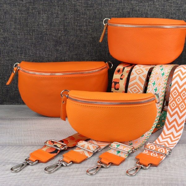 Hüfttasche Damen Leder Orange mit Breiter Gurt, Bauchtasche Leder für Frauen, Stylisch Umhängetasche aus Leder Damen, Geschenk für Sie