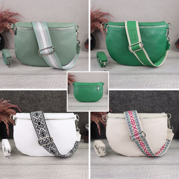 Leder Bauchtasche mit Silbernen Reißverschlusstaschen für Frauen, Crossbody Bag Sommerfarben, Umhängetasche Damen mit Gemusterte Träger