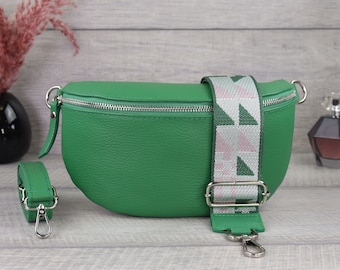 Crossbody Bag mit Wechselgurt Grün, Bauchtasche Damen Leder