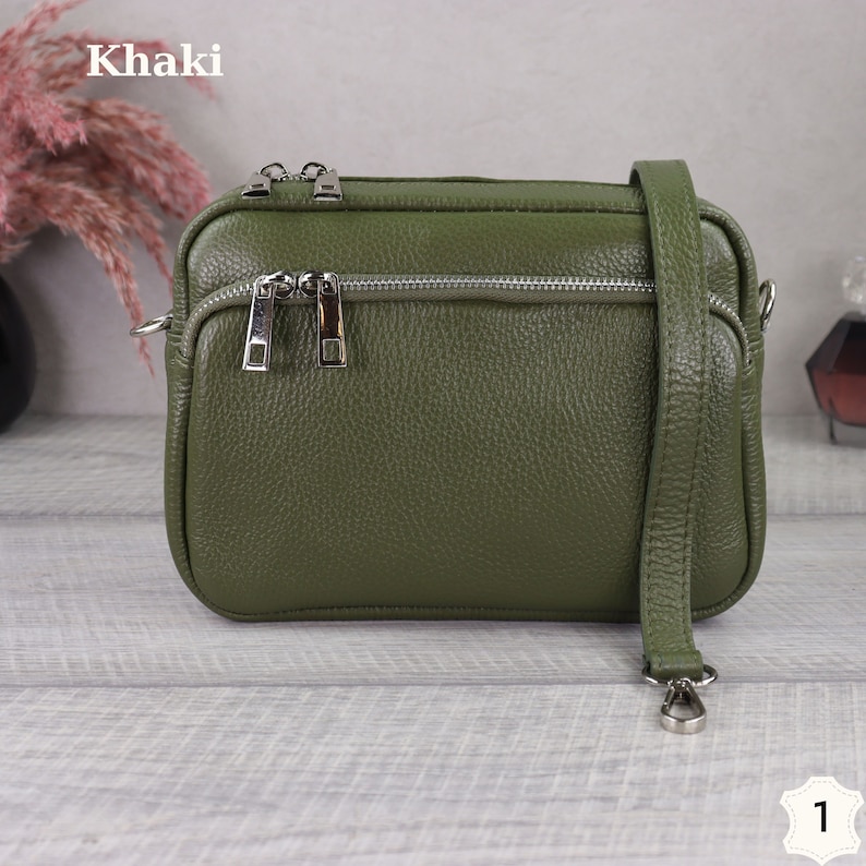 Khaki Leather Crossbody Bag with Wide Strap, Leather Shoulder Bag, Bum Bag and Patterned Belt, Belt Bag for Women, Everyday Bag Kein Zweiter Gurt-1