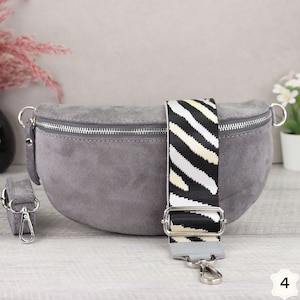 Suede Bag Grey with Patterned Straps, Suede Leather Fanny Pack for Women, Crossbody Bag Suede, Leather Shoulder Bag Grau-4