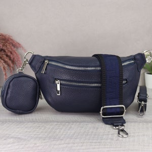 Crossbody Bag Leder Navy für Frauen mit extra Geldbörse, Bauchtasche Damen Leder mit Riemen, Leder Schultertasche, Geschenk zum Valentinstag