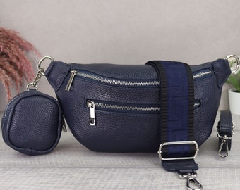 Crossbody Bag Leather Navy for Women with Extra Wallet, Bum Bag Ladies Leather with Strap, Leather Shoulder Bag, Gift for Mother's Day