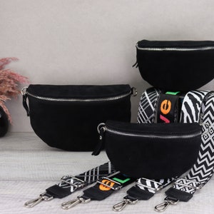 Wildledertasche Schwarz mit Gemusterten Riemen, Crossbody Tasche Wildleder, Wildleder Leder Bauchtasche für Frauen, Leder Schultertasche