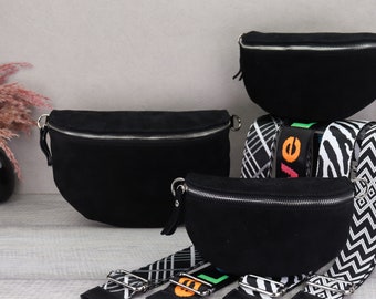 Black Suede Bag with Patterned Straps, Suede Crossbody Bag, Suede Leather Fanny Pack for Women, Leather Shoulder Bag