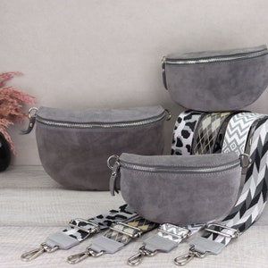 Suede Bag Grey with Patterned Straps, Suede Leather Fanny Pack for Women, Crossbody Bag Suede, Leather Shoulder Bag image 1