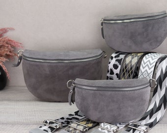 Suede Bag Grey with Patterned Straps, Suede Leather Fanny Pack for Women, Crossbody Bag Suede, Leather Shoulder Bag