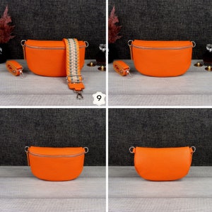 Hip bag women's leather orange with wide strap, leather bum bag for women, stylish shoulder bag made of leather for women, gift for her Orange-9