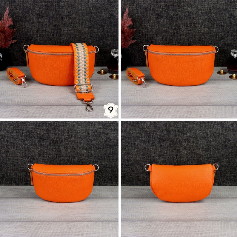 Hüfttasche Damen Leder Orange mit Breiter Gurt, Bauchtasche Leder für Frauen, Stylisch Umhängetasche aus Leder Damen, Geschenk für Sie Orange-9