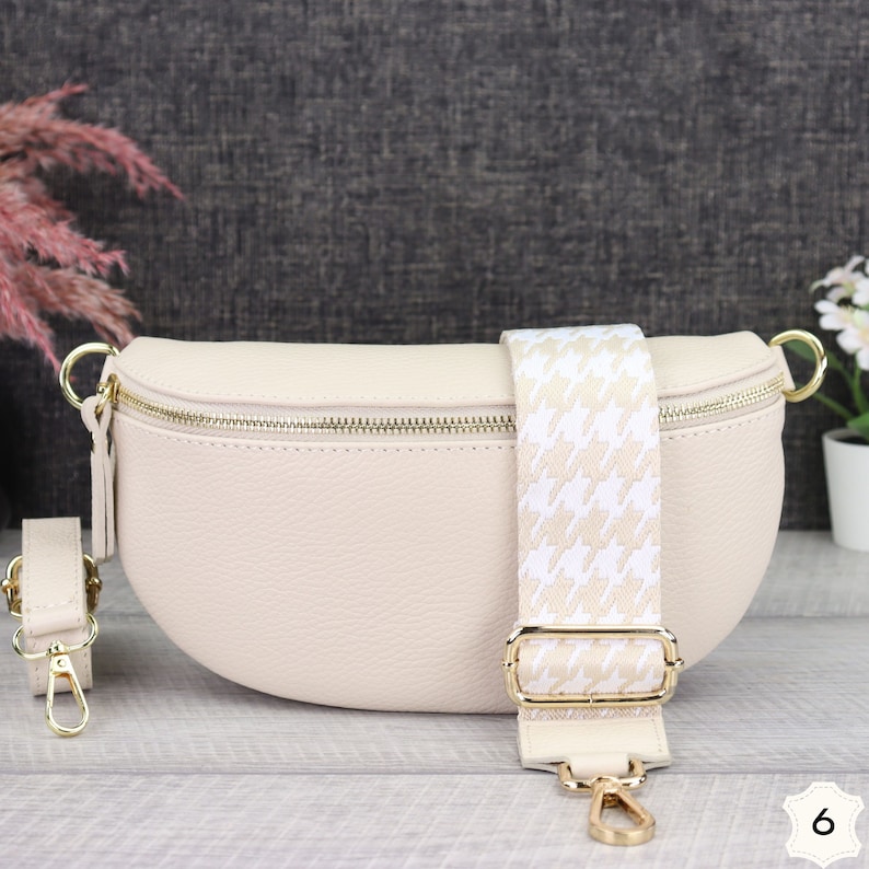 Bauchtasche Damen Creme Leder mit Gold Reißverschluss, Umhängetasche Leder Gold mit Gemustertem Riemen, Crossbody Tasche Gold Breiter Gurt Creme-6