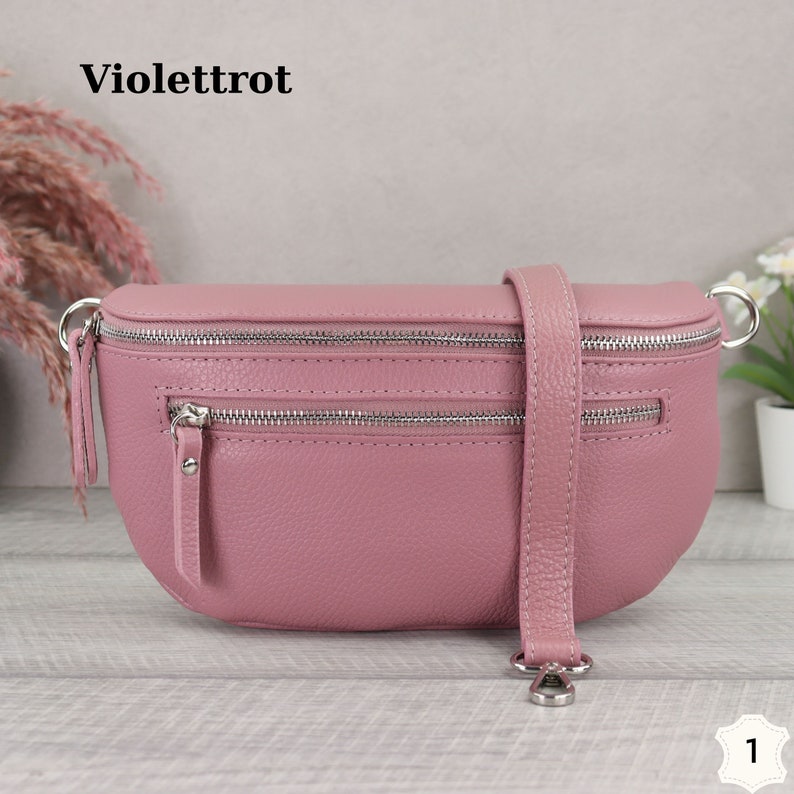 Violet red leather women's bum bag with patterned strap, crossbody bag with extra zipper pockets, gift for girlfriend, shoulder bag 1-Kein Zweiter Gurt