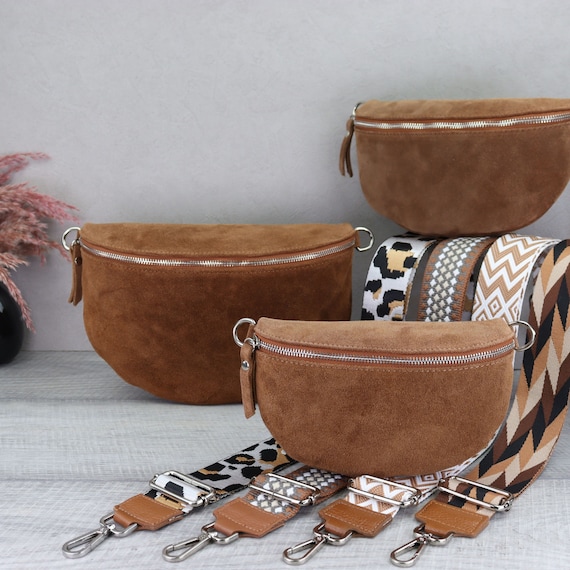 Suede Bag Brown With Patterned Straps, Suede Leather Fanny Pack  display picture 1