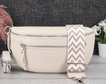 Crossbody bag leather cream with patterned strap, women's shoulder bag with extra zipper pockets, gift girlfriend, shoulder bag