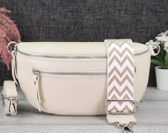 Crossbody Tasche Leder Creme mit Gemustertem Riemen, Umhängetasche Damen mit extra Reißverschlusstaschen, Geschenk Freundin, Schultertasche