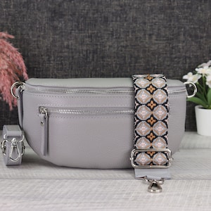 Shoulder bag women leather grey with extra zip pockets, bum bag women leather with patterned straps, crossbody bag leather