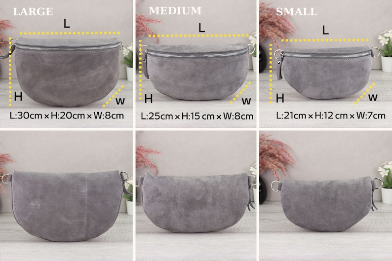 Suede Bag Grey with Patterned Straps, Suede Leather Fanny Pack for Women, Crossbody Bag Suede, Leather Shoulder Bag image 2