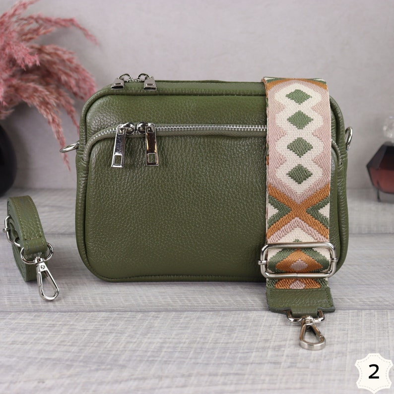 Khaki Leather Crossbody Bag with Wide Strap, Leather Shoulder Bag, Bum Bag and Patterned Belt, Belt Bag for Women, Everyday Bag Khaki-2