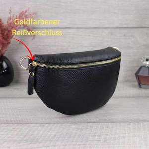 Black leather bum bag for women with gold zipper, leather shoulder bag with extra patterned strap, mother's day gift image 3