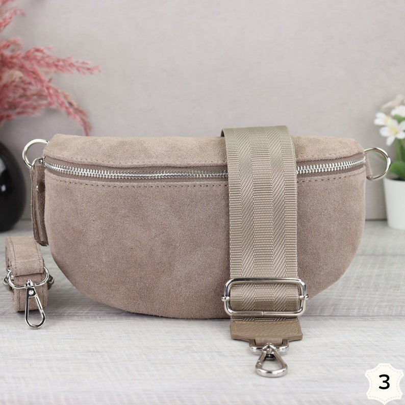 Suede bag taupe with patterned straps, suede leather fanny pack for women, crossbody bag suede, leather shoulder bag Taupe-3