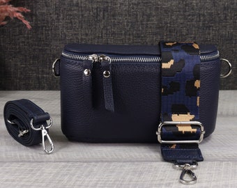 Small shoulder bag leather navy for women, leather bum bag with strap, shoulder bag with wide interchangeable strap, gift for Mother's Day