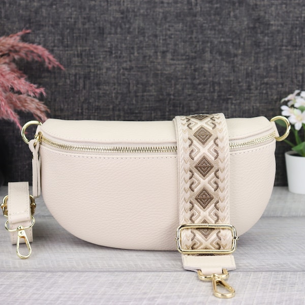 Bauchtasche Damen Creme Leder mit Gold Reißverschluss, Umhängetasche Leder Gold mit Gemustertem Riemen, Crossbody Tasche Gold Breiter Gurt