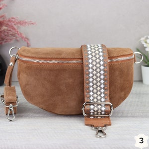 Sac en daim marron avec bretelles à motifs, sac banane en cuir suédé pour femme, sac crossbody en daim, sac à bandoulière en cuir Braun-3