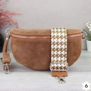 Bolso ante marrón con correas estampadas, riñonera de piel ante para mujer, bolso bandolera ante, bolso bandolera de piel Braun-6