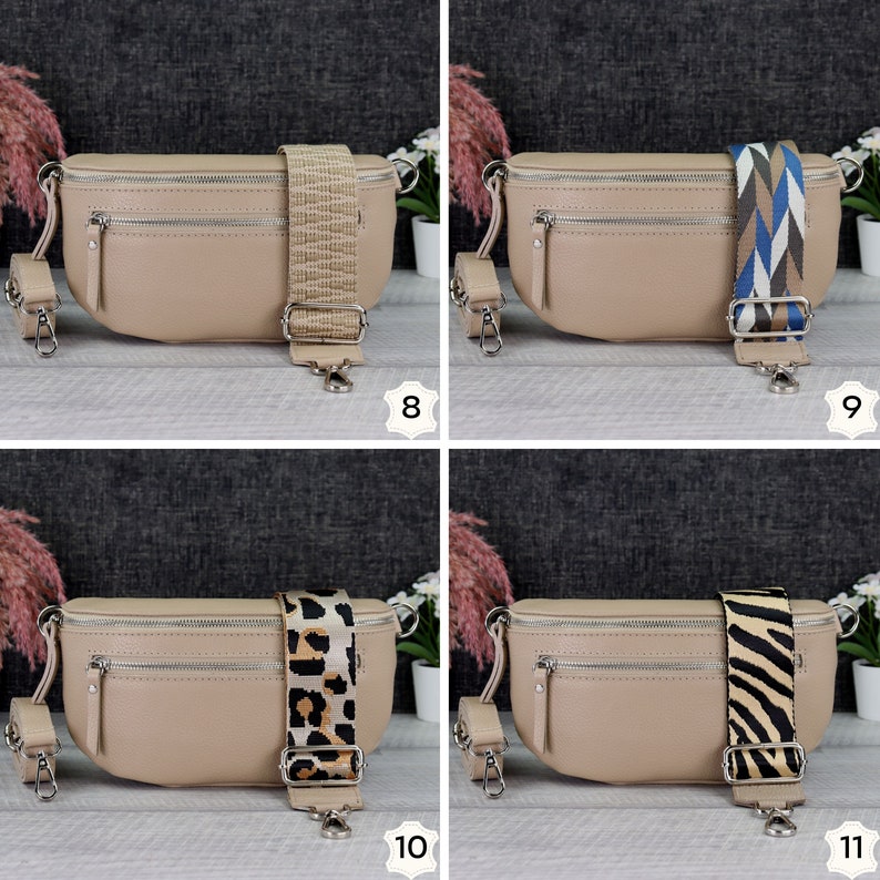 Beige leather women's bum bag with patterned strap, women's shoulder bag with extra zipper pockets, girlfriend gift, belt bag image 10
