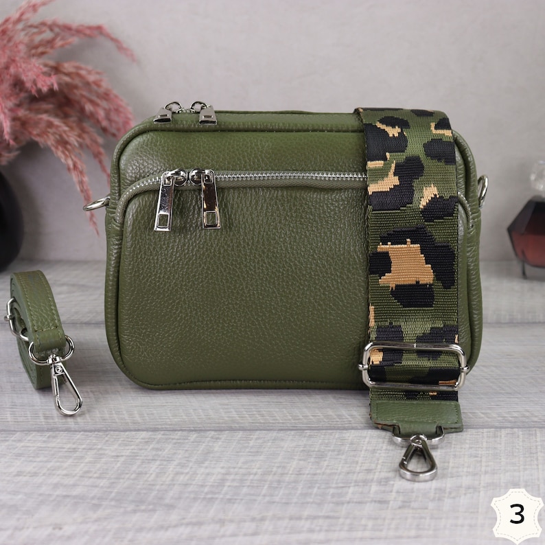 Khaki Leather Crossbody Bag with Wide Strap, Leather Shoulder Bag, Bum Bag and Patterned Belt, Belt Bag for Women, Everyday Bag Khaki-3