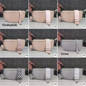 May include: Nine different variations of a small, curved, light pink or gray leather bag with a zipper closure and a patterned strap. The bag is shown on a white background. The strap patterns include a geometric design, a chevron pattern, and a houndstooth pattern. The bags are labeled with numbers 37 through 45.