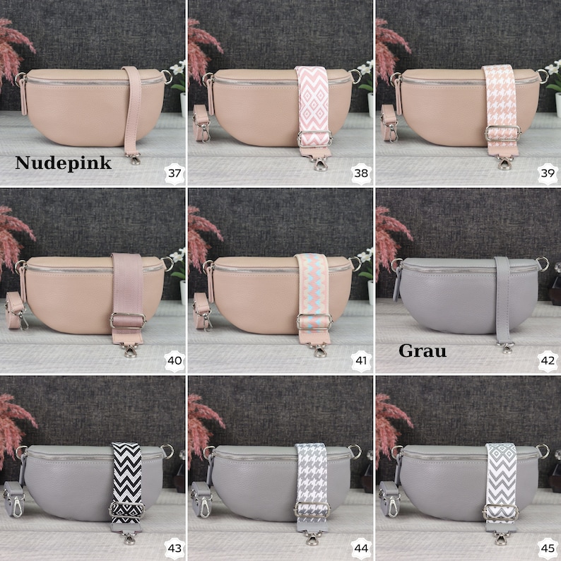 May include: Nine different variations of a small, curved, light pink or gray leather bag with a zipper closure and a patterned strap. The bag is shown on a white background. The strap patterns include a geometric design, a chevron pattern, and a houndstooth pattern. The bags are labeled with numbers 37 through 45.