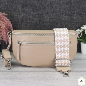 Beige leather women's bum bag with patterned strap, women's shoulder bag with extra zipper pockets, girlfriend gift, belt bag Beige-4