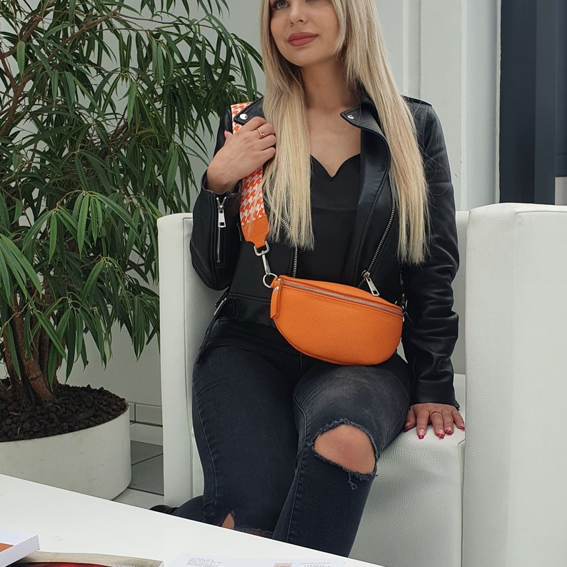 Hip bag women's leather orange with wide strap, leather bum bag for women, stylish shoulder bag made of leather for women, gift for her image 2