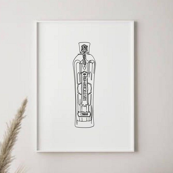 Minimalist Bottle of St Germain Line Art. Digital download, St Germain liqueur print. Room decoration