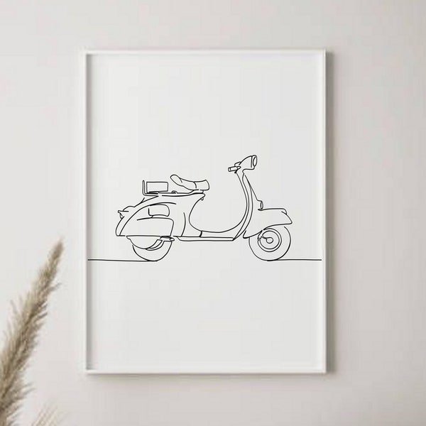 Minimaliste vintage Vespa scooter Line Art. Illustration au trait en téléchargement numérique