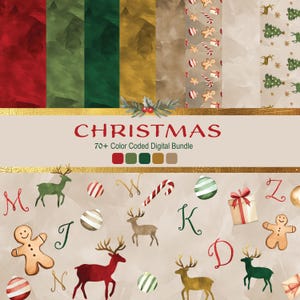 Può includere: Un pacchetto di carta digitale con oltre 70 disegni a tema natalizio. I disegni includono i colori rosso, verde, oro e marrone. I disegni presentano renne, bastoncini di zucchero, ornamenti, omini di pan di zenzero e alberi di Natale.