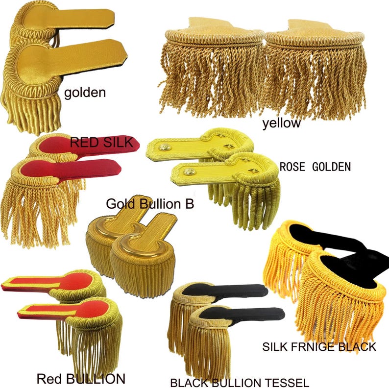 May include: Assortment of gold, yellow, and red bullion fringe trim with different styles and colors.  The trim is made of silk and gold bullion thread.  The trim is available in a variety of colors, including gold, yellow, red, and black.  The trim is perfect for adding a touch of elegance to any project.