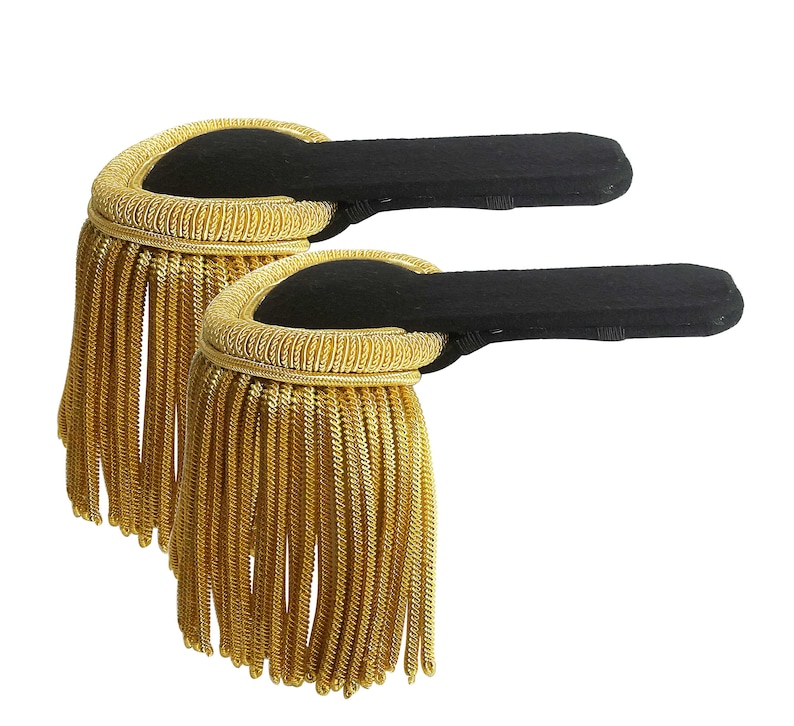 May include: Two gold and black military style shoulder boards with fringe.