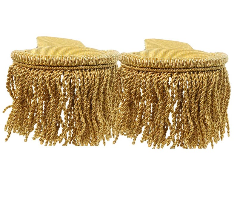 May include: A pair of gold fringe trim for garments. The fringe is made of twisted gold cord.