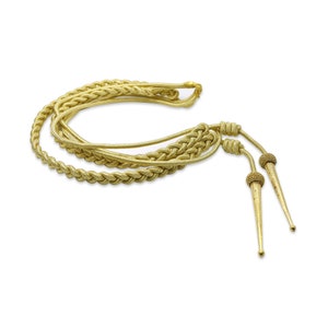 May include: A gold braided cord with two tassels. The tassels have a pointed end and a small gold ball at the top.