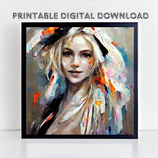 Jolie fille blonde Art mural imprimable, belle femme souriante peinture téléchargement numérique, illustration de couleurs vives, cadeau artistique pour femme