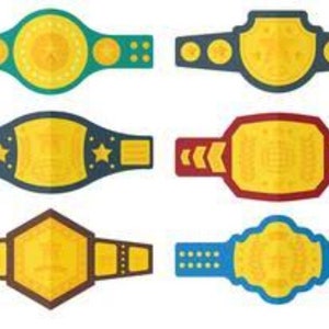 May include: Six different championship belts with gold buckles and various colored straps. The belts are decorated with stars, arrows, and other designs.