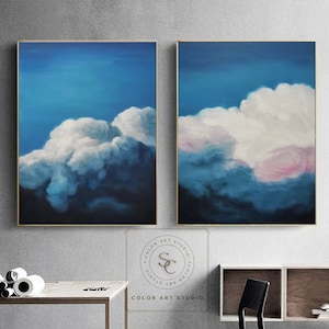 Original blue sky painting large cloud wall art abstract painting extra large white cloud abstract painting cloud set of 2 wall art painting